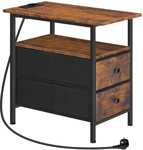 HOOBRO Beistelltisch schmal, Nachttisch mit Ladestation, 2 Stoffschubladen | kompakter Beistelltisch mit Steckdosen und USB, für kleinen Raum, Schlafzimmer, rustikales Braun und Schwarz EBF486CBZ01