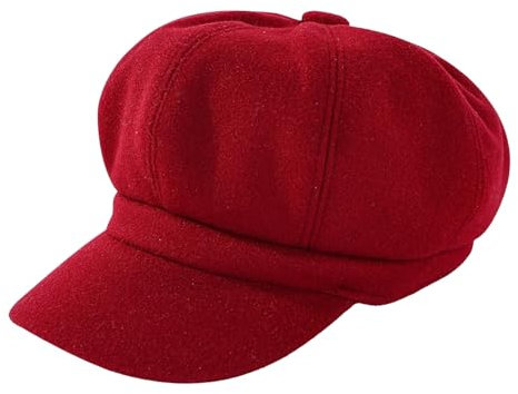 HIQIU Vintage Ballonmütze Damen Schirmmütze Winter Warme Barett Cap Damen Achteck Newsboy Cap für Herbst Winter (DE/NL/SE/PL, Alphanumerisch, Einheitsgröße, M, Weinrot)