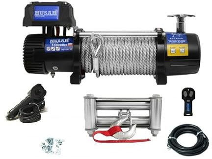 Husar Winch Treuil électrique 13000 lbs | 5897 kg 12V avec Corde en Acier 26m x 10 mm,Commande sans fil,Transmission Planétaire à 3 étages,Idéal Pour,Véhicules Tout-Terrain,Véhicules 4x4,OFF-ROAD