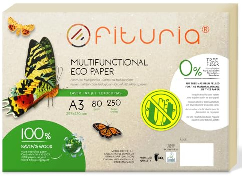 Recyclingpapier, A3, 80 g, 250 Blatt, 100% aus Recyclingpapier, Packung mit recycelten Papierbögen, natürliche Farbe, geeignet für Laserdrucker und Inkjet, Gastronomie (250 Blatt)