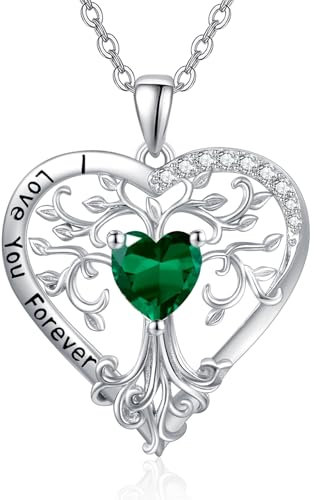 Birthstone Tree of Life Necklace for Women Sterling Silver May Birthstone Emerald Necklace Tree of Life Heart Pendant Jewellery Anniversary Birthday Gifts for Wife Mom Daughter
