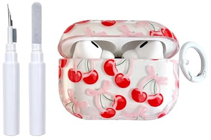 Reownest for Airpods 4th Generation (2024) with Cleaner Kit, Cute Cherry Bowknot Pattern Aesthetic Design Shockproof Keychain Cover Soft Headphone Cases for Airpods 4 -Red