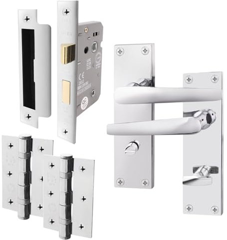 EAI Polished Chrome Bathroom Door Handle Set | 1 Pair Bathroom Handles on Backplate with Lock 64mm & Hinges 76mm | Straight Pattern