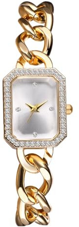 JewelryWe Damenuhr Klein Rechteckige Uhr: Glitzer Strass Analog Quarz Armbanduhr Damen Gold Edelstahl Kettenarmband Ultradünne Diamantuhr mit Eckigem Zifferblatt & Diamantlünette