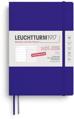 LEUCHTTURM1917 372626 Wochenkalender & Notizbuch Medium (A5) 2026, 18 Monate 07.2025-12.2026, Softcover, Ink, Deutsch