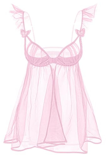 Women Sexy Lingerie Babydoll Lace Mesh Open Closure Chemise Sleepwear with G String Naughty Underwear Set Deep V Lace Cup Nightdress for Valentines Pink