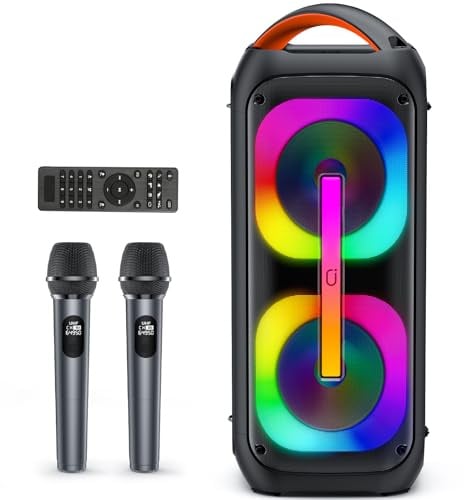 JYX Karaoke con 2 Microfono Wireless, Grande Altoparlante Cassa Bluetooth 5.3 con Ruote e Luci da Discoteca, Sstema Subwoofer PA per Feste, Karaoke, Supporto TWS/USB/SD Card/AUX/Rec
