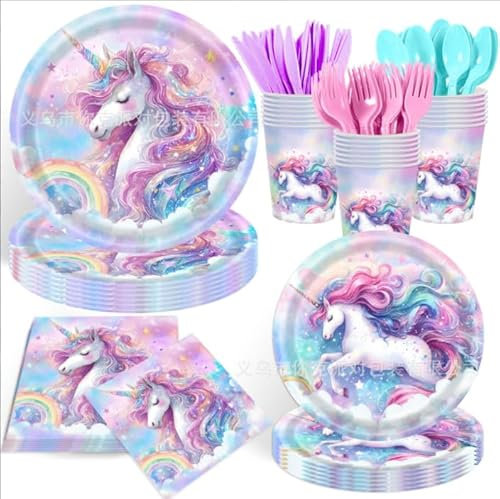 CANCJ Service de table de fête licorne - 50 pièces - Pour 10 enfants - Avec assiettes en carton, tasses et serviettes - Décoration licorne pour anniversaire d'enfant - Décoration de fête de fille