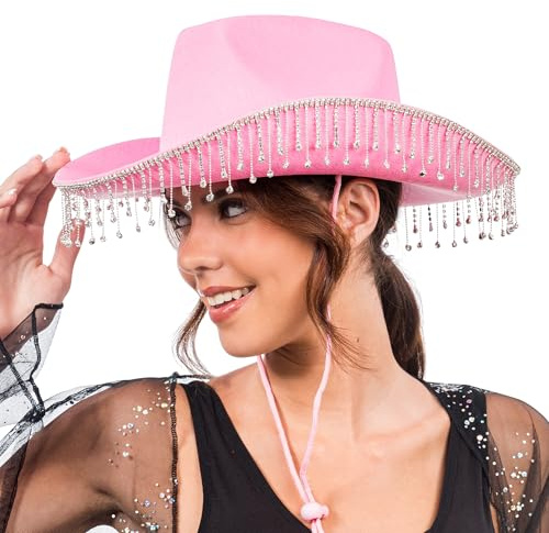 Chaks - Cowgirl Hut mit Strass Fransen, Cowboyhut für Festival | Karneval Accessoire für Western Kostüm und Mottoparty, Hut mit Fransenbesatz für JGA und Karneval