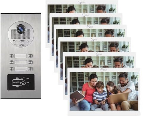 Videocitofono cablato per appartamenti, campanello HD 1080P, monitor da 7 pollici, videocitofono intelligente con telecamera e sistema di citofonia per multifamiliari (6 Famiglia)