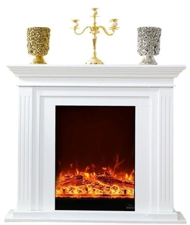 RUNZE765Z Camino Elettrico Camino Elettrico Indipendente, Moderno Camino Decorativo Bianco con mensola in Rovere, Fiamma realistica, Telecomando Caminetto Elettrico(Piccolo)