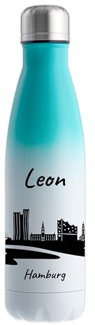 Gravur-Max Trinkflasche Edelstahl 500 ml personalisiert – doppelwandige Thermosflasche 13 h warm & 24 h kalt – auslaufsicher & mit Skyline von Hamburg & Wunschname bedruckt - Weiß/Mint