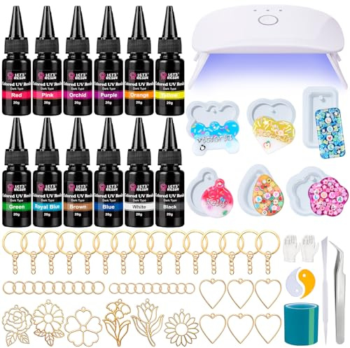 LET'S RESIN UV Resin Set mit UV Lampe, 12 Farben UV Resin mit Silikonformen | UV Harz mit Lampe, für Schlüsselanhänger, Schmuck