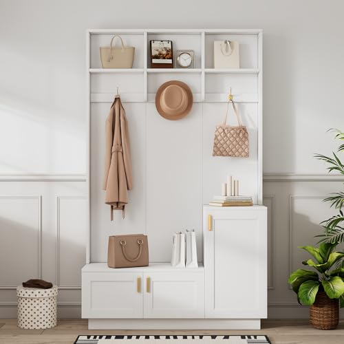 Merax Flurgarderobe Garderobenschrank mit Sitzbank und Schuhschrank, multifunktionale Aufbewahrungsbank, Garderobenset mit rechteckige Aufbewahrung, Regale und 3 Haken, H200/B120/T40 cm, Weiß