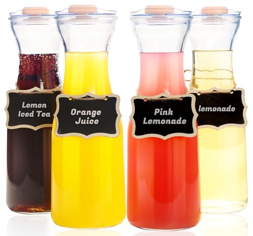 Set of 4 Glass Carafes with Flip Top Lids (40 Oz) – Clear Glass Water Pitchers and Beverage Serveware for Mimosa Bars, Brunch, Parties, Wine, Juice, Milk, Iced Tea, and Lemonade with Easy-Pour Spout