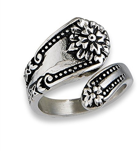 Victorian Flower Spoon Ring Stainless Steel Open Wrap Vintage Band Sizes 7-10