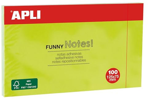 APLI 15004 Funny Note Adesive, 125 x 75 mm, Blocco di 100 note autoadesive, colore verde fluoro
