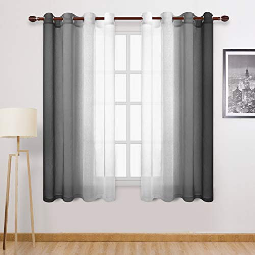 DWCN Gardinen mit Ombre-Effekt, Kunstleinen, Farbverlauf, halbVoile, Ösen, für Schlafzimmer und Wohnzimmer, 2 Stück, 132 x 160 cm Länge, Schwarz