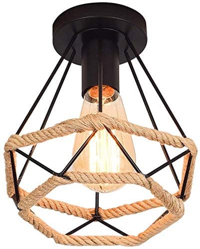 MAXDUYU E27 Industrial Vintage Style Semi Flush Mount Deckenleuchte Metall Hängeleuchte Pendelleuchte mit Hanfseil für Korridor Wohnzimmer Esszimmer Küche