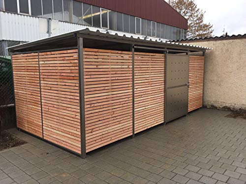 KIRCHBERGER METALL Fahrradgarage Mülltonnenhaus Müllcontainer Überdachung Garten Gerätehaus Größe 4 m. Holzverkleidung Schwenktür mit Stützfußverlängerung 200mm