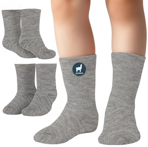 La Alpaca Kinder-Wollsocken - 2 Paar Alpaka-Wollsocken für Kinder, Jungen, Mädchen - warm, seidig, weich, atmungsaktives, bequemes, feuchtigkeitsableitendes Thermo-Alpaka, Grau, 1-2 Jahre