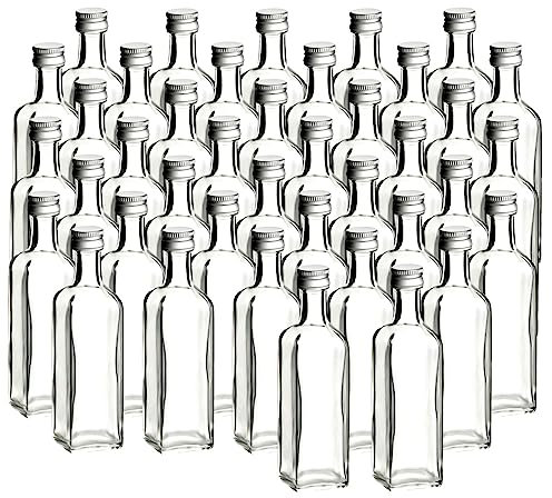 gouveo Lot de 40 bouteilles en verre 60 ml Maraska avec bouchon à vis argenté - mini bouteille 0,06 l à remplir - bouteilles en verre pour liqueur, schnaps, huile ou comme cadeau (MFET060S)