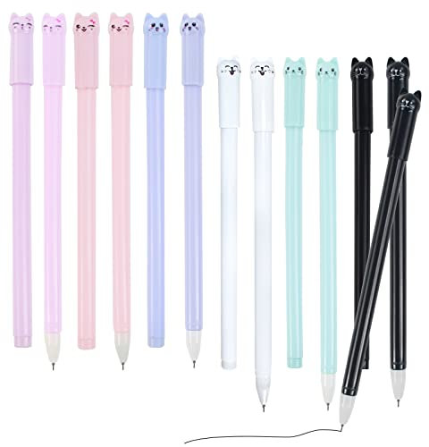 CIOUYAOS 12 STÜCKE Kawaii Stifte Niedlicher Katzenstift, Gel Tinten, schwarze Stifte, 0,5 mm, feine Spitze, Tintenroller für Kinder, Mädchen, Jungen, Frauen, Schule, Bürobedarf (6 Farben Katze)