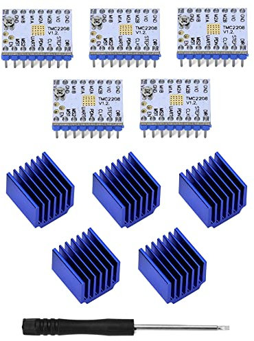 QWORK® 5PCS TMC2208 V1.2 Schrittmotortreiber 3D-Drucker, mit Kühlkörper Schraubendreher für 3D-Druckerteile