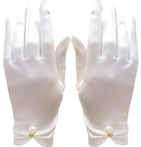 MoreChioce Satin Brauthandschuhe, Elastische Damen Handgelenk Retro Kurze Handschuhe Perlen Abendhandschuhe Frauen Elegant Blumenhandgelenk Hochzeithandschuhe Kostüm Accessories,Beige