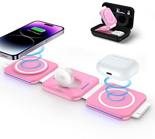 ZUMSEY Cargador Inalambrico Plegable 3 en 1, Magnético Cargador Compatible con iPhone 15 14 13 12 Pro MAX/Plus/Mini, Travel Wireless Charger para Apple Watch 9/Ultra 2/8/7/SE/6/5/4, AirPods 3/2/Pro