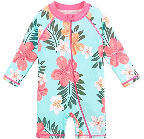 HUAANIUE Filles BéBé Maillot de Bain 1 Pièce Anti-UV UPF 50+ BéBé Filles Costume de Bain zippé à Manches Longues 1 Mois-6 Ans (S308-Fleur Cyan Complète, 2-3 Ans)