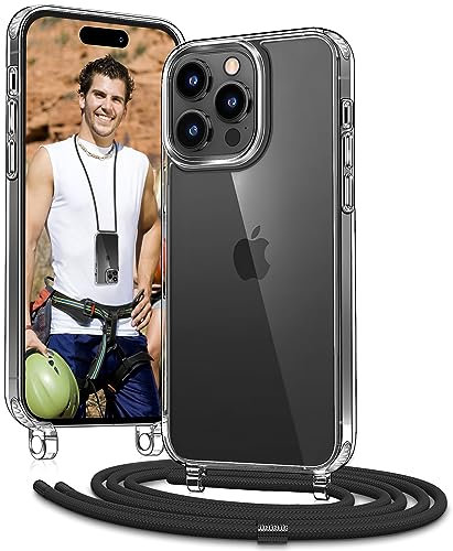 Vaykwo Handykette mit Band für Apple iPhone 14 Pro Max Hülle - Necklace Handyhülle - Transparente Case zum Umhängen mit Kameraschutz und Bildschirmschutz - Schwarz