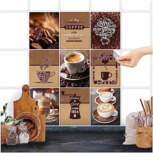 FoLIESEN Fliesenaufkleber für Bad, Küche, Badezimmer - Fliesen-Folie selbstklebend - Deko-Aufkleber - Kaffee-Collage, .:20x25 cm - 9-tlg.