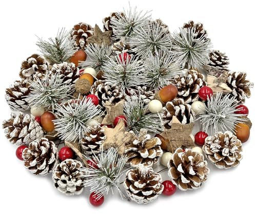 Pextian 108pcs Artificial Pine Cone Berry Set, Christmas Wreath Making Supplies, Snowy Pinecones White Berries Wreath Making Kit for Wreath, Garland, Craft, Winter DIY Christmas Decorations