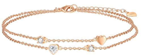 Lwkeay Fußkettchen für Damen - Fussketten für Frauen - 925 Sterling Silber Damen Doppelketten - Fußkette damen Verstellbare 22+5cm - Geschenke für Frauen (rosegold)