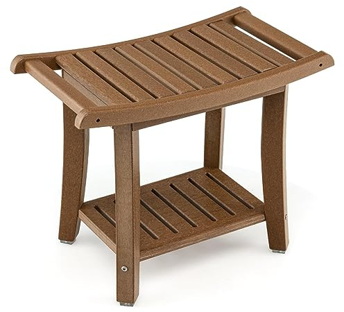 Multigot 2-Tier Shower Bench, Portable HDPE Bath Stool with Side Handles & Storage Shelf, Space Saving Bathroom Storage Stool for Elderly Disabled Pregnant (Brown)