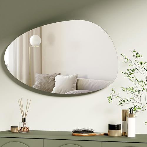 S'AFIELINA Miroir Rond 85 x 50 cm Miroir Asymétrique Miroir Mural avec Quatre Trous de Suspension pour Salle de Bain Chambre Salon Couloir Décoration Murale