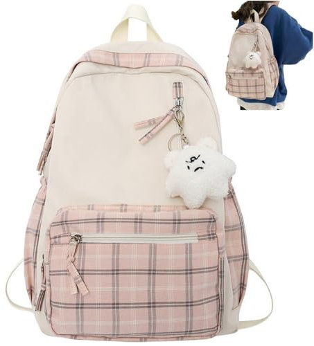 Ericetion Kawaii Rucksack mit Anhänger Cute Backpack Plaid Ästhetische Rucksack Schultaschen für Mädchen Teens Back to School Rucksäcke