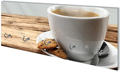 Wallario Wandgarderobe aus Glas in Größe 80 x 30 cm mit Memoboard-Funktion, Motiv: Heiße Tasse Kaffee mit Kaffeebohnen | 5 Kleiderhaken zum Aufhängen von Jacken