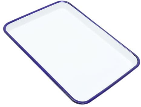 Garneck Enamelware Collection White Enamel Baking Cookie Sheet Pan with Blue Rim Rectangular Serving Tray Butcher Tray Dish 26x18cm for Home Kitchen