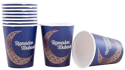 HEKU Ramadan Mubarak Einweg-Pappbecher, 0,25L, 10er-Pack I Umweltfreundlich & Festlich I Für Heiß- und Kaltgetränke I Geeignet fürs Ramadan Fest