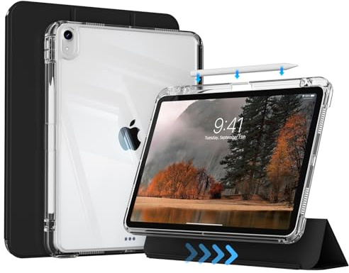 ZKTUYU Hülle für iPad Air 11 M4/M3/M2, iPad Air 5./4. Gen 10,9 | Abnehmbare Schutzhülle mit Stifthalter, Transparente PC Rückseite, Auto Schlafen/Wachen, für iPad Air 11/10,9 Zoll, Schwarz