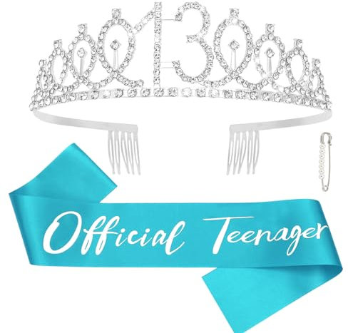 CAVETEE Krone und Schärpe zum 13. Geburtstag, Tiara zum 13. Geburtstag, Dekoration für Mädchen, silberfarbene Geburtstags-Tiara und Schärpe für Mädchen