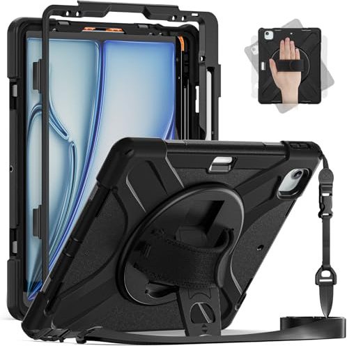 ZenRich Custodia per iPad Air 13 pollici M4/M3/M2 2026/2025/2024, custodia protettiva antiurto resistente con cavalletto girevole, cinturino da polso e tracolla per iPad Air 13 2026, nera