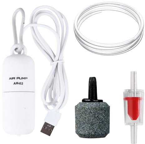 USB Luftpumpe Aquarien, Mini Leise Sauerstoff Luftpumpe für Fische mit Luftstein Rückschlagventil und Aufhängehaken für Aquarien Aquarium Eimer Fischtransport