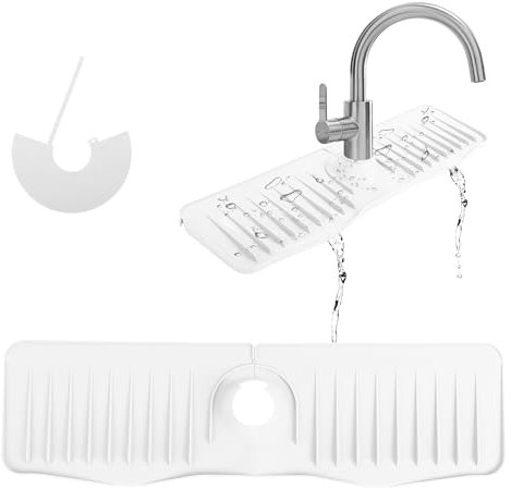 Faucet Mat for Kitchen Sink, Silicone Sink Faucet Mat, Silicone Draining Mat Around Tap, Sink Faucet Drying Mat for Kitchen, Bathroom Countertop Protect (White, 50 x 14.5X 2cm)