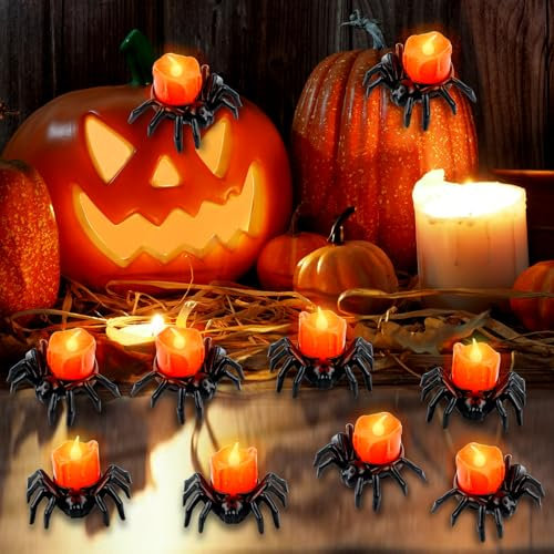 Halloween Bougies Chauffe-plat Araignée 12 Pcs Bougies sans Flamme Chauffe Plat Orange LED à Batterie Lumière de Nuit d’Araignée pour Halloween Intérieu Extérieur Thème Parties Festival (B)