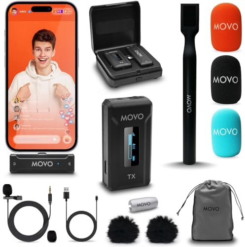 Movo WMX-2-L Wireless Lavalier Microphone for iPhone/Lightning Devices with WMX-HM Handheld Adapter - Lapel Mic with Handle Mount for Content Creators, Interviews, Reporting