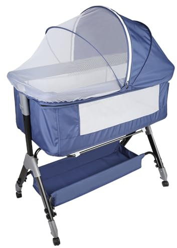 HUOLE 3 in 1 Beistellbett & Babywiege & Reisebett, 4-stufig Höhenverstellbares Babybett, neigbar, Kinderbett, Stubenwagen für Babys bis 25kg belastbar-104 x 52 x 100–110 cm – Marineblau