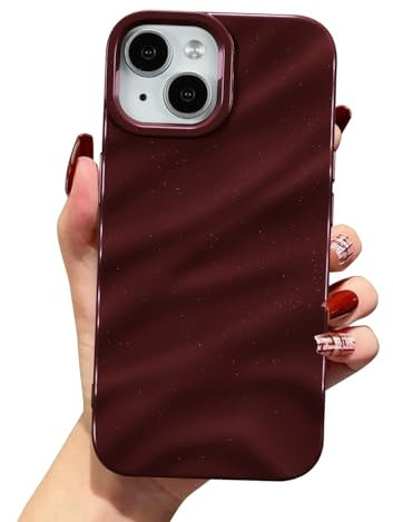 QLTYPRI Compatible with iPhone 15 Case,Cute Wave Water Ripple Pattern Case for Girls Women,Slim Satin Glossy Soft Silicone TPU Bumper Shockproof Protective Phone Cover for iPhone 15-Wine Red